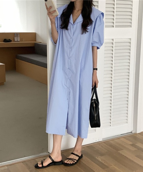 Kuroba(クロバ)の「ビッグセーラーカラー半袖ロングシャツワンピース(シャツワンピース・レディース・ネイビー/ブルー/オフホワイト・FREE)」の10枚目の写真