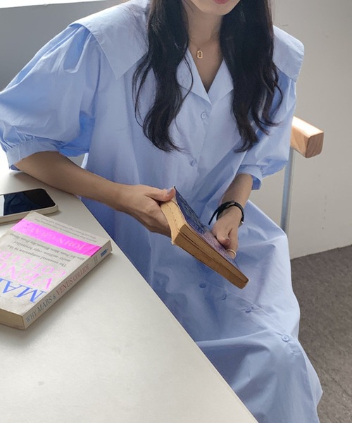 Kuroba(クロバ)の「ビッグセーラーカラー半袖ロングシャツワンピース(シャツワンピース・レディース・ネイビー/ブルー/オフホワイト・FREE)」の13枚目の写真