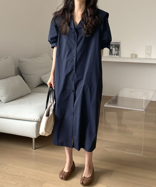 Kuroba(クロバ)の「ビッグセーラーカラー半袖ロングシャツワンピース(シャツワンピース・レディース・ネイビー/ブルー/オフホワイト・FREE)」の17枚目の写真