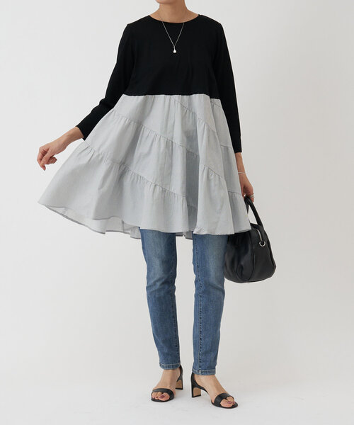 BEARDSLEY(ビアズリー)の「エスカルゴコンビチュニック(シャツ/ブラウス・レディース・ブラック/グレー・FREE)」の6枚目の写真