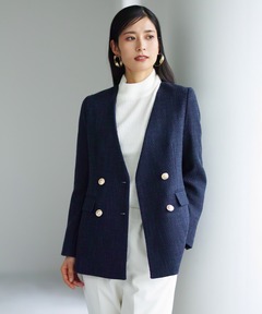 美品✨ドゥーズィエムクラス　ノーカラーツイードジャケット　金ボタン　金プレート ドゥーズィエムクラス 】ノーカラー ミックスツイードジャケット 金