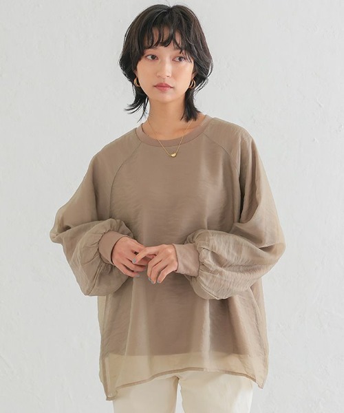 aquagarage(アクアガレージ)の「オーガンジーシアー長袖トップス(Tシャツ/カットソー・レディース・グレイッシュベージュ/ブラック・M)」の2枚目の写真