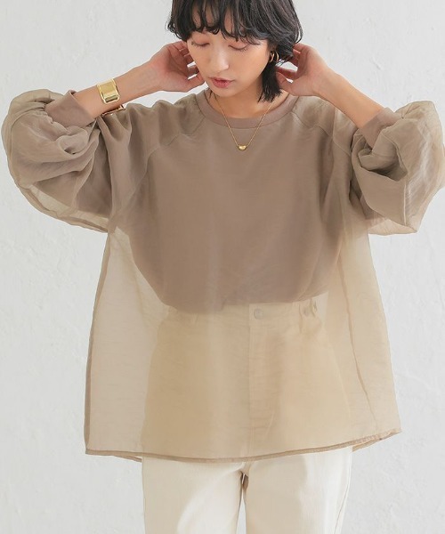 aquagarage(アクアガレージ)の「オーガンジーシアー長袖トップス(Tシャツ/カットソー・レディース・グレイッシュベージュ/ブラック・M)」の3枚目の写真