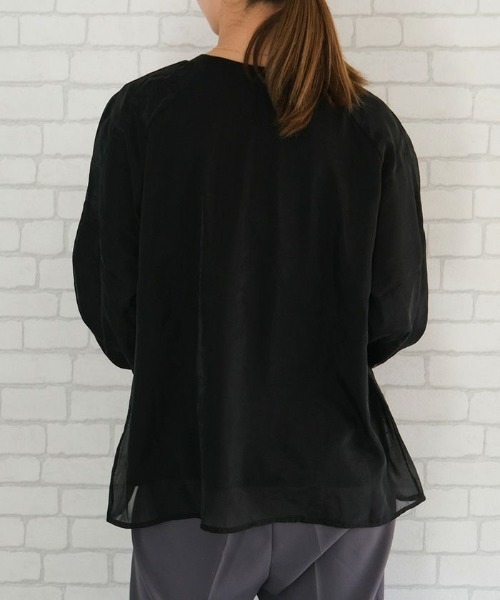 aquagarage(アクアガレージ)の「オーガンジーシアー長袖トップス(Tシャツ/カットソー・レディース・グレイッシュベージュ/ブラック・M)」の4枚目の写真