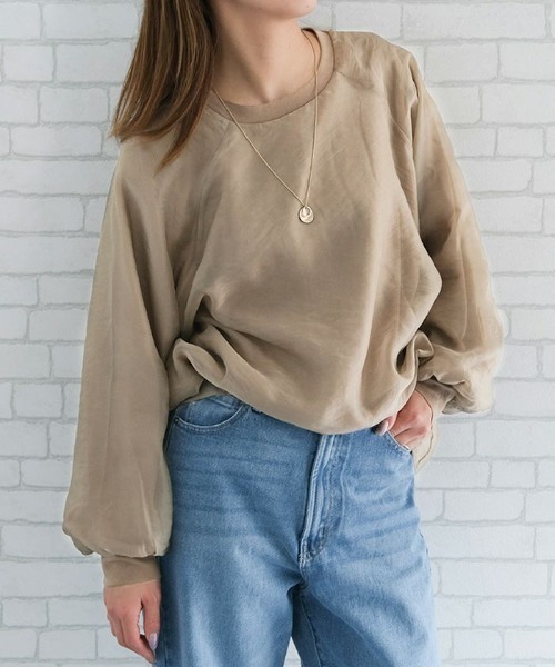 aquagarage(アクアガレージ)の「オーガンジーシアー長袖トップス(Tシャツ/カットソー・レディース・グレイッシュベージュ/ブラック・M)」の5枚目の写真