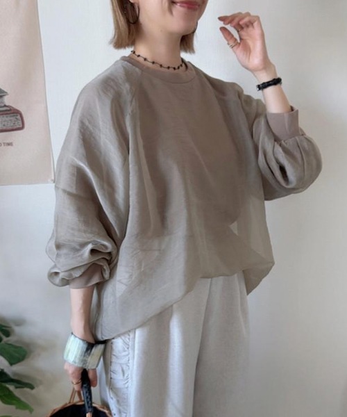 aquagarage(アクアガレージ)の「オーガンジーシアー長袖トップス(Tシャツ/カットソー・レディース・グレイッシュベージュ/ブラック・M)」の21枚目の写真