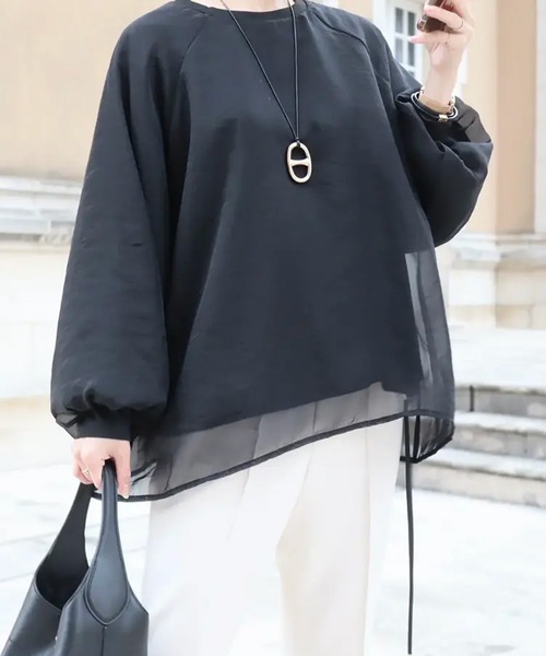 aquagarage(アクアガレージ)の「オーガンジーシアー長袖トップス(Tシャツ/カットソー・レディース・グレイッシュベージュ/ブラック・M)」の16枚目の写真