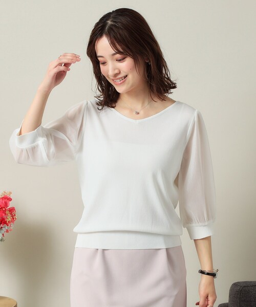 ITS'DEMO(イッツデモ)の「◆【UVケア/接触冷感/アンチピリング/洗濯機OK】袖シアーニット(ニット/セーター・レディース・ブラック/オフホワイト/サックスブルー/ピンク系・00)」の2枚目の写真