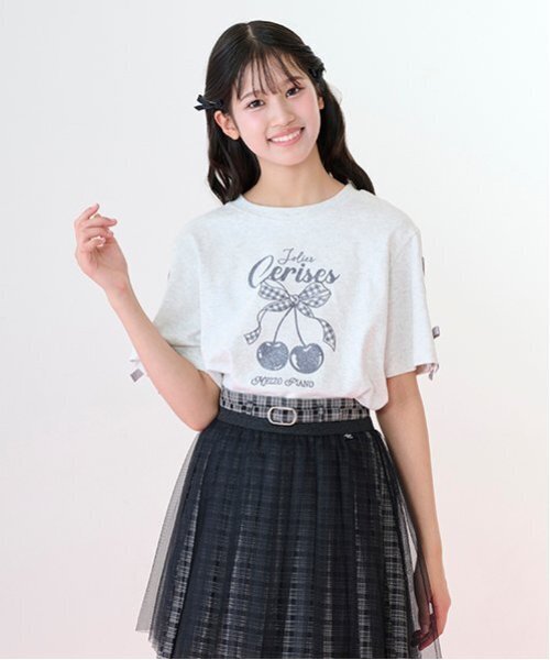 入荷now 口コミ Cuugal掲載】【接触冷感】袖レースアップリボンチェリーTシャツ トップス