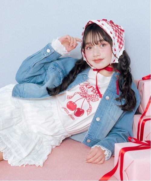 メゾピアノ新品新作タグ付き【接触冷感】袖レースアップリボンチェリーTシャツ160 メゾピアノ新品新作タグ付き【接触冷感】袖レースアップリボン