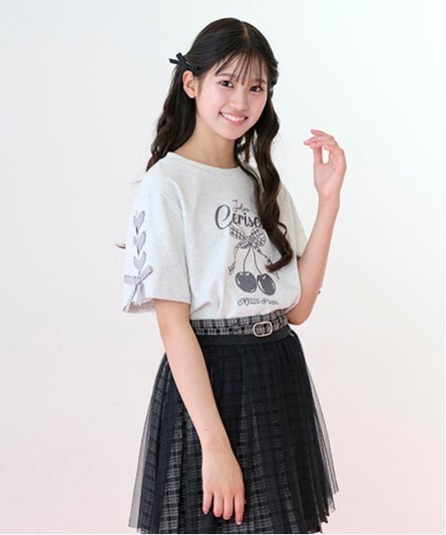 メゾピアノ新品新作タグ付き【接触冷感】袖レースアップリボンチェリーTシャツ160 メゾピアノ新品新作タグ付き【接触冷感】袖レースアップリボン