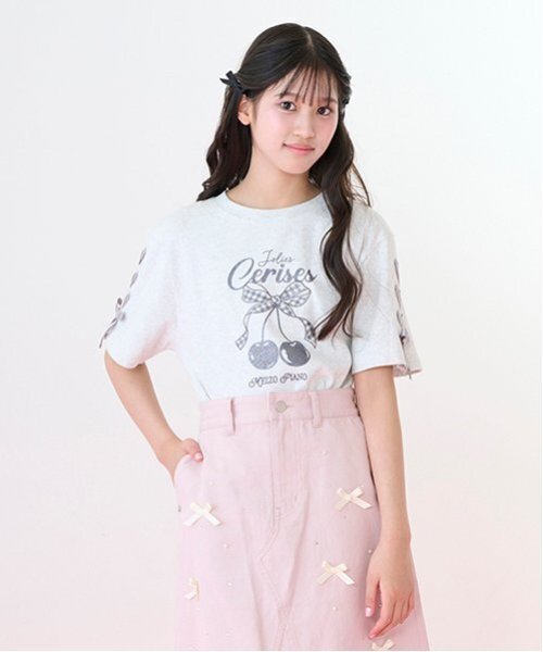 メゾピアノ新品新作タグ付き【接触冷感】袖レースアップリボンチェリーTシャツ160 mezzo piano Junior 【Cuugal掲載】【接触冷感】袖レースアップ