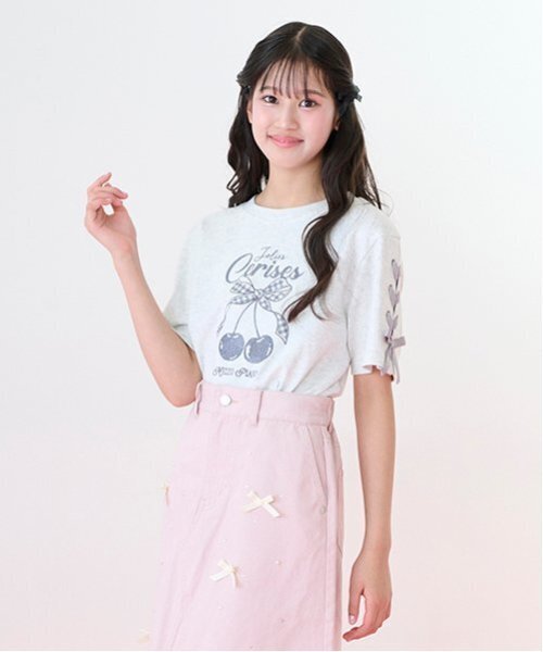 Cuugal掲載】【接触冷感】袖レースアップリボンチェリーTシャツ
