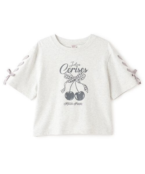 メゾピアノ新品新作タグ付き【接触冷感】袖レースアップリボンチェリーTシャツ160 メゾピアノ新品新作タグ付き【接触冷感】袖レースアップリボン