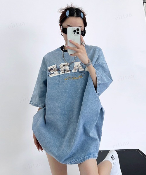 韓国ファッション MARE刺繍ロゴ半袖デニムTシャツ（Tシャツ