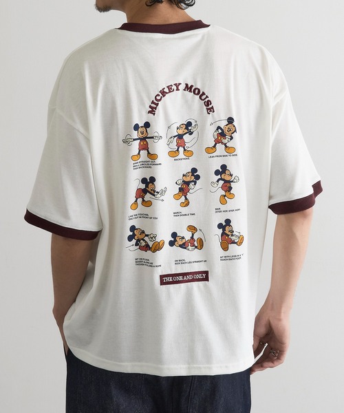 MICKY様 シャツ 1アイボリー セール】【DISNEY MICKEY】MIC&TORリンガーバック刺繍T MNY（Tシャツ