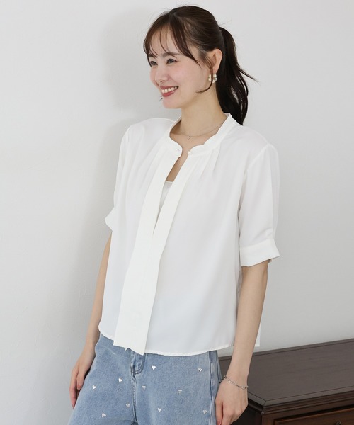 BLUEEAST（ブルーイースト）の「2WAYフロントタック半袖ブラウス（シャツ/ブラウス・レディース・ネイビー/ホワイト/ブルー/ベージュ・MEDIUM）」の6枚目の写真