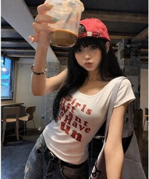 DEVICE（デバイス）の「シンプル 英字 ロゴ プリント 韓国 ストリート Y2K 古着風 クルーネック ショート丈 半袖 Tシャツ（Tシャツ/カットソー）」