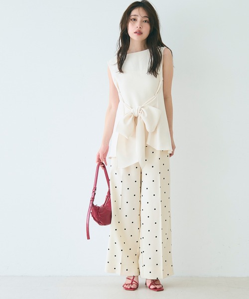 トップス➕パンツセット販売 ドット柄センタープレスワイドパンツ セットアップ可能