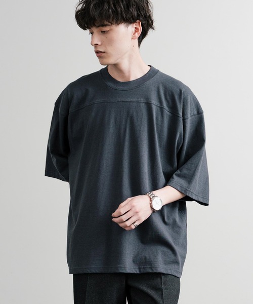 Audience（オーディエンス）の「Upscape Audience アップスケープオーディエンス 日本製 国産ラフィー天竺5.5オンスフットボール半袖Tシャツ AUD6644（Tシャツ/カットソー・メンズ・オートミール/杢グレー/スミクロ/オフホワイト/ブラック・M/L）」の3枚目の写真