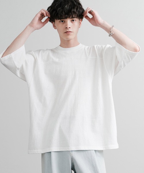 Audience（オーディエンス）の「Upscape Audience アップスケープオーディエンス 日本製 国産ラフィー天竺5.5オンスフットボール半袖Tシャツ AUD6644（Tシャツ/カットソー・メンズ・オートミール/杢グレー/スミクロ/オフホワイト/ブラック・M/L）」の6枚目の写真