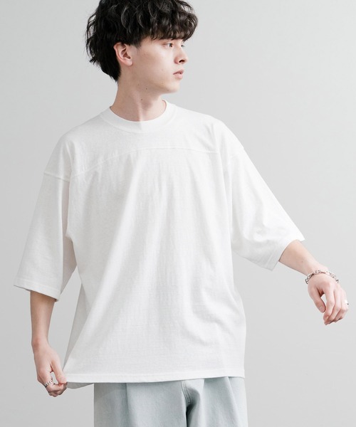 Audience（オーディエンス）の「Upscape Audience アップスケープオーディエンス 日本製 国産ラフィー天竺5.5オンスフットボール半袖Tシャツ AUD6644（Tシャツ/カットソー・メンズ・オートミール/杢グレー/スミクロ/オフホワイト/ブラック・M/L）」の7枚目の写真