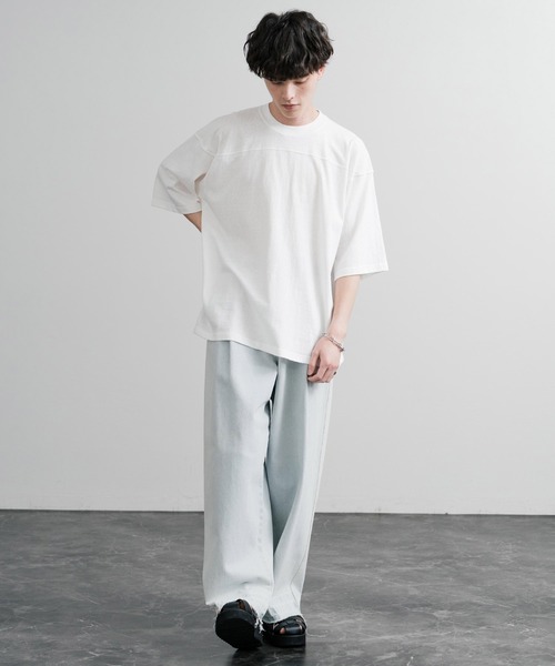 Audience（オーディエンス）の「Upscape Audience アップスケープオーディエンス 日本製 国産ラフィー天竺5.5オンスフットボール半袖Tシャツ AUD6644（Tシャツ/カットソー・メンズ・オートミール/杢グレー/スミクロ/オフホワイト/ブラック・M/L）」の8枚目の写真