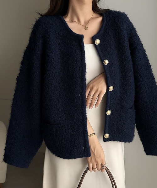 RANAN（ラナン）の「ゴールド調ボタンループ編みニットカーデ（カーディガン/ボレロ・レディース・アイボリー/ライトグレー/ピンク/ネイビー・M/L/LL）」の3枚目の写真