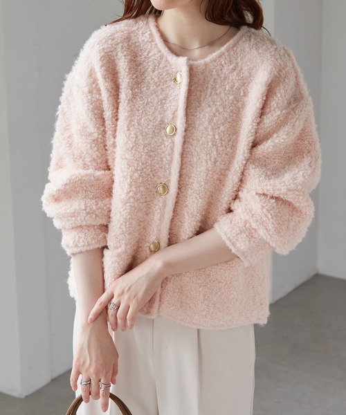 RANAN（ラナン）の「ゴールド調ボタンループ編みニットカーデ（カーディガン/ボレロ・レディース・アイボリー/ライトグレー/ピンク/ネイビー・M/L/LL）」の4枚目の写真