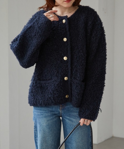 RANAN（ラナン）の「ゴールド調ボタンループ編みニットカーデ（カーディガン/ボレロ・レディース・アイボリー/ライトグレー/ピンク/ネイビー・M/L/LL）」の9枚目の写真