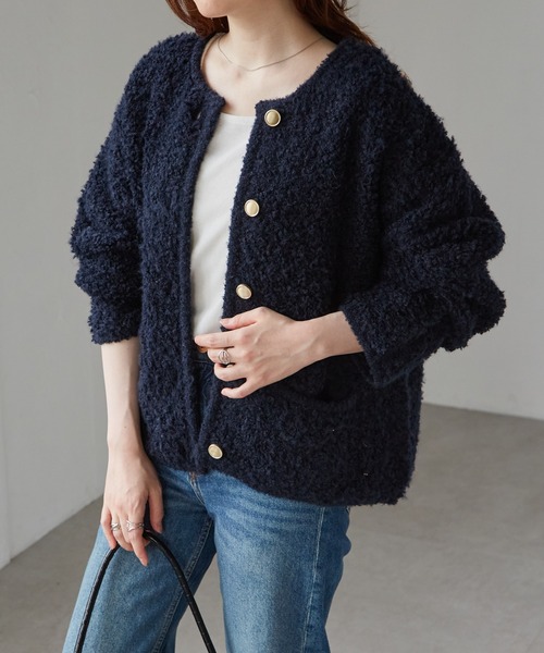 RANAN（ラナン）の「ゴールド調ボタンループ編みニットカーデ（カーディガン/ボレロ・レディース・アイボリー/ライトグレー/ピンク/ネイビー・M/L/LL）」の10枚目の写真