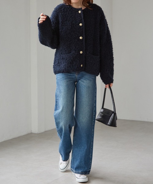 RANAN（ラナン）の「ゴールド調ボタンループ編みニットカーデ（カーディガン/ボレロ・レディース・アイボリー/ライトグレー/ピンク/ネイビー・M/L/LL）」の11枚目の写真