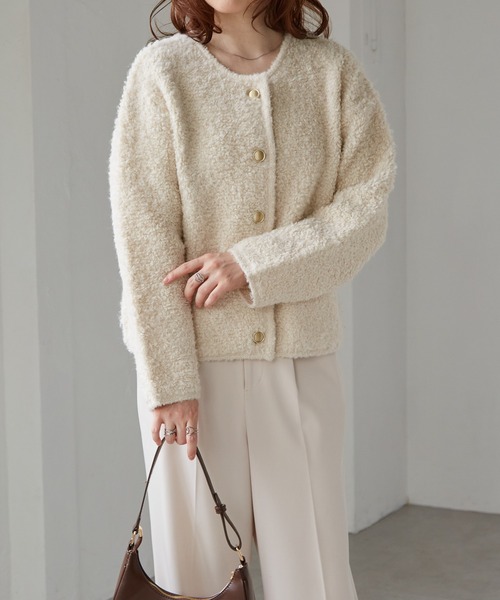 RANAN（ラナン）の「ゴールド調ボタンループ編みニットカーデ（カーディガン/ボレロ・レディース・アイボリー/ライトグレー/ピンク/ネイビー・M/L/LL）」の7枚目の写真