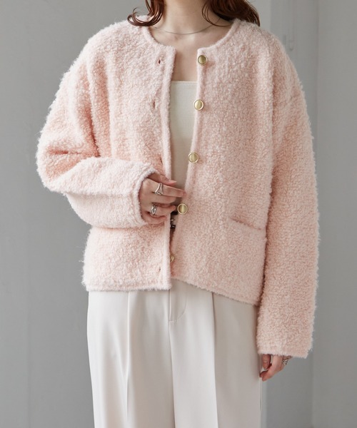 RANAN（ラナン）の「ゴールド調ボタンループ編みニットカーデ（カーディガン/ボレロ・レディース・アイボリー/ライトグレー/ピンク/ネイビー・M/L/LL）」の14枚目の写真