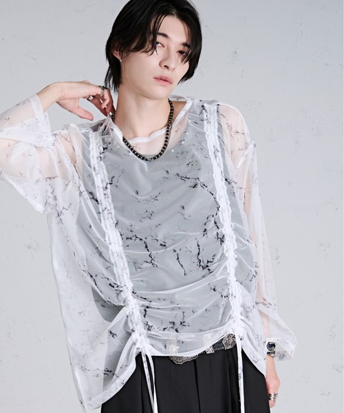 Ellno Loset(エルノロゼット)の「ドロストマーブルシアートップス(Tシャツ/カットソー・メンズ・ブラック/オフホワイト/ブルー・SMALL/LARGE/MEDIUM)」の2枚目の写真