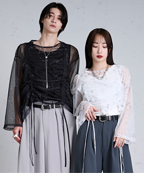 Ellno Loset(エルノロゼット)の「ドロストマーブルシアートップス(Tシャツ/カットソー・メンズ・ブラック/オフホワイト/ブルー・SMALL/LARGE/MEDIUM)」の4枚目の写真