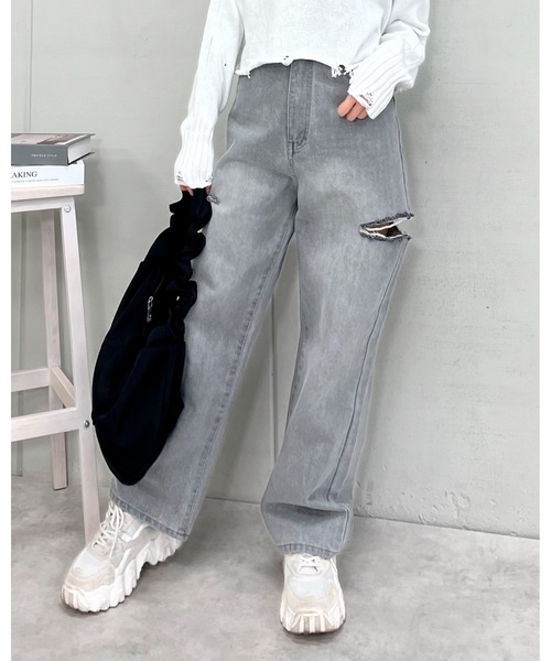 &soiree(アンドソワレ)の「【&soiree】ハイウエストダメージワイドデニムパンツ(デニムパンツ・レディース・グレー/ブラック・SMALL)」の2枚目の写真