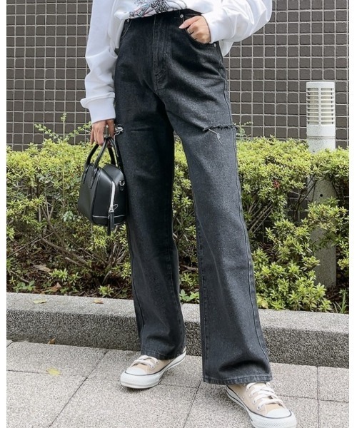 &soiree(アンドソワレ)の「【&soiree】ハイウエストダメージワイドデニムパンツ(デニムパンツ・レディース・グレー/ブラック・SMALL)」の1枚目の写真