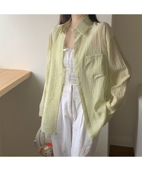 Ritzy（リッツィー）の「7色展開　オーバーサイズ 長袖シアーシャツ（シャツ/ブラウス・レディース・ブルー/ホワイト/ピンク/ライトグリーン/グリーン/ベージュ/イエロー・FREE）」の4枚目の写真