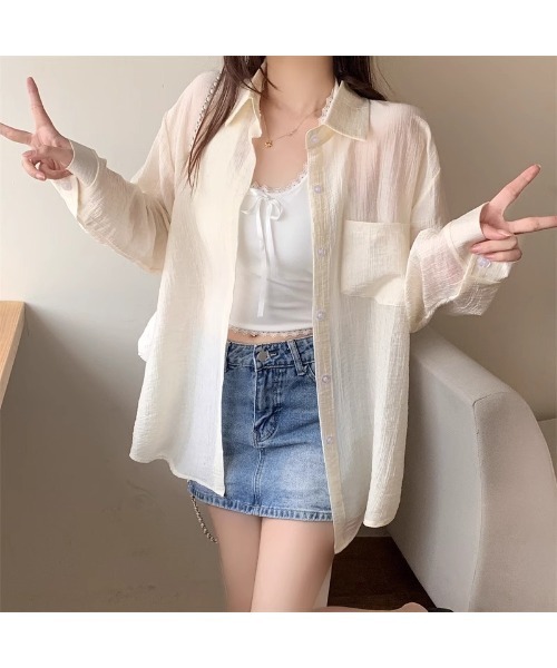 Ritzy（リッツィー）の「7色展開　オーバーサイズ 長袖シアーシャツ（シャツ/ブラウス・レディース・ブルー/ホワイト/ピンク/ライトグリーン/グリーン/ベージュ/イエロー・FREE）」の16枚目の写真