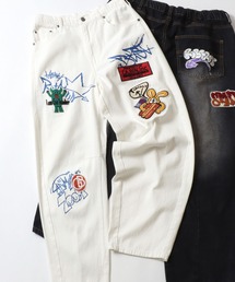 SITRY | 2026SS新色追加 Street Design Patch & Print Barrel Leg Denim Pants/ストリートデザイン ワッペン&プリント バレルレッグデニムパンツ ワイドデニムパンツ(デニムパンツ)