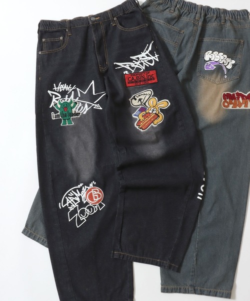 セール】Street Design Patch ＆ Print Barrel Leg Denim Pants