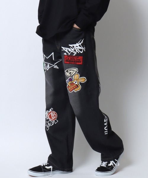 SITRY（シトリー）の「2026SS新色追加 Street Design Patch ＆ Print Barrel Leg Denim Pants/ストリートデザイン ワッペン＆プリント バレルレッグデニムパンツ ワイドデニムパンツ（デニムパンツ・メンズ・ブルー/ブラック/ホワイト・L/M）」の9枚目の写真