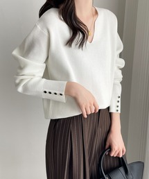 袖ボタンキーネックニットプルオーバー
