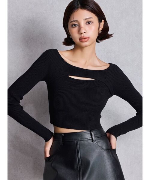 GYDA(ジェイダ)の「FRONT OPENリブニットトップス(ニット/セーター・レディース・ブラック/オフホワイト・FREE)」の3枚目の写真