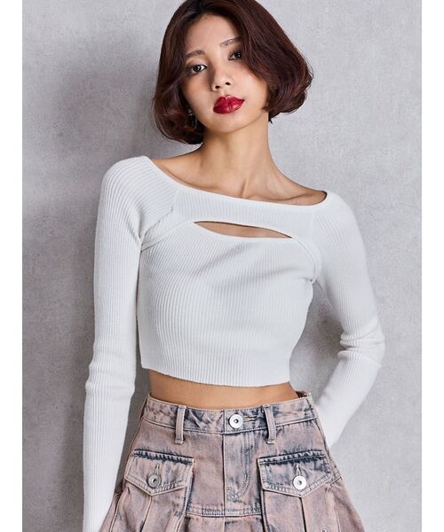 GYDA(ジェイダ)の「FRONT OPENリブニットトップス(ニット/セーター・レディース・ブラック/オフホワイト・FREE)」の8枚目の写真