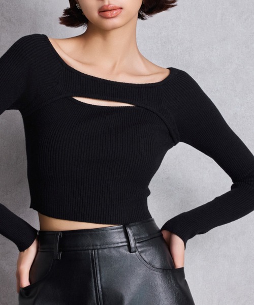 GYDA(ジェイダ)の「FRONT OPENリブニットトップス(ニット/セーター・レディース・ブラック/オフホワイト・FREE)」の1枚目の写真