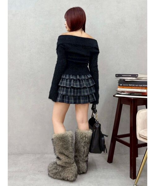 EVRIS（エヴリス）の「ラメロゴシャギーオフショルニットトップス（ニット/セーター・レディース・ピンク/ホワイト/ブラック・FREE）」の6枚目の写真