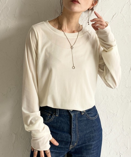 She's Closet（シーズクローゼット）の「指穴あき長袖サムホールシアーベロアトップス（Tシャツ/カットソー・レディース・アイボリー/ブラック/グレー/ブラウン・FREE）」の2枚目の写真