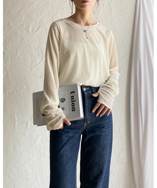 She's Closet（シーズクローゼット）の「指穴あき長袖サムホールシアーベロアトップス（Tシャツ/カットソー・レディース・アイボリー/ブラック/グレー/ブラウン・FREE）」の12枚目の写真